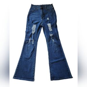 SHEIN Blue Wash Distressed Ripped Flare Leg High Rise Jeans